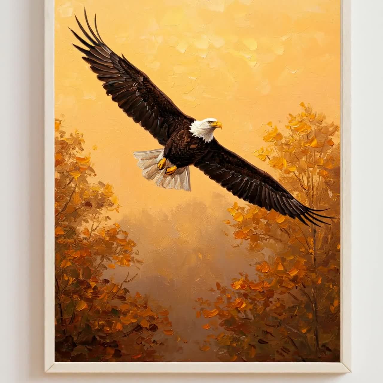 飛翔する白頭鷲の絵画:秋の森の野生動物アート(デジタルダウンロード 飛翔する白頭鷲の絵画:秋の森の野生動物アート(デジタルダウンロード